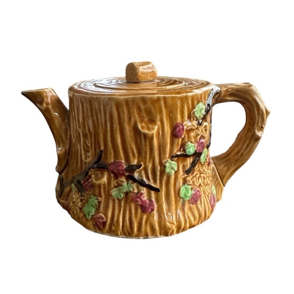 Vintage Majolica Style Tree Bark Design Tea Pot Branches‎ Leaves Blossoms Japan